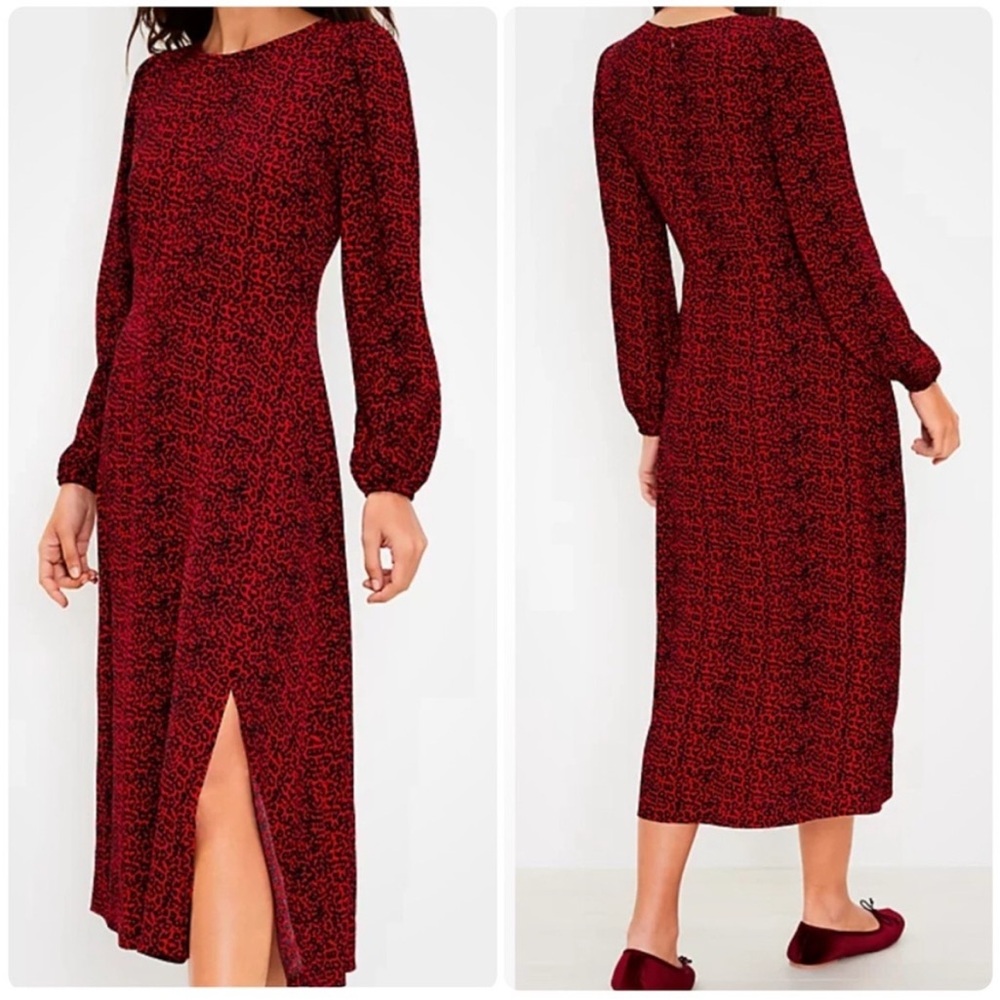 LOFT Red and Black Patterned Long Sleeve Dress